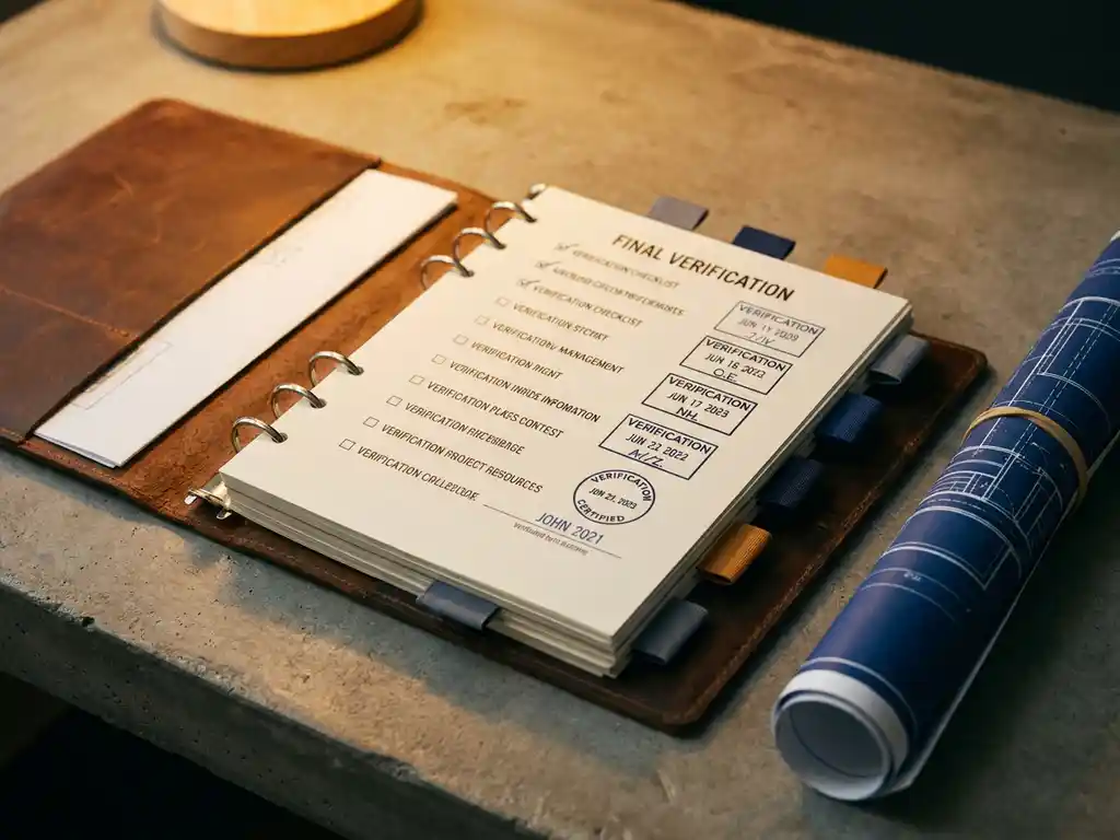 Versleten leren projectmap open op betonnen bureau met verificatiestempels, gekleurde tabs en opgerolde technische tekening in amberkleurig licht.
