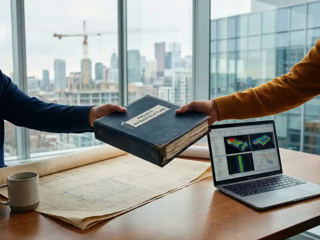Ingenieur overhandigt dikke projectmap met technische schema's aan collega, laptop met datamodellen en architectuurtekeningen op modern bureau.