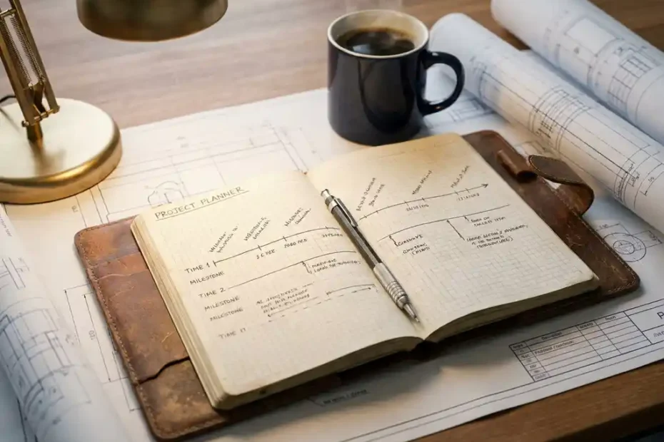 Versleten leren projectplanner open op een bureau, omringd door technische tekeningen, mechanisch potlood en dampende koffie in warm amberkleurig licht.