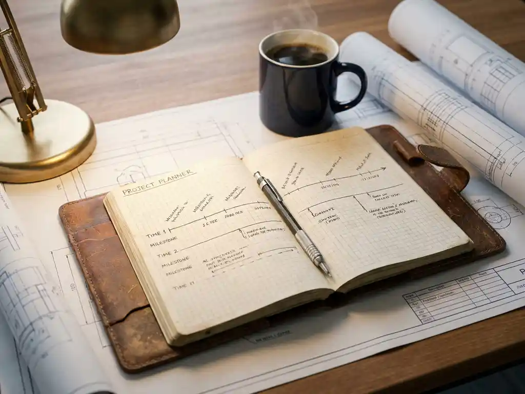Versleten leren projectplanner open op een bureau, omringd door technische tekeningen, mechanisch potlood en dampende koffie in warm amberkleurig licht.