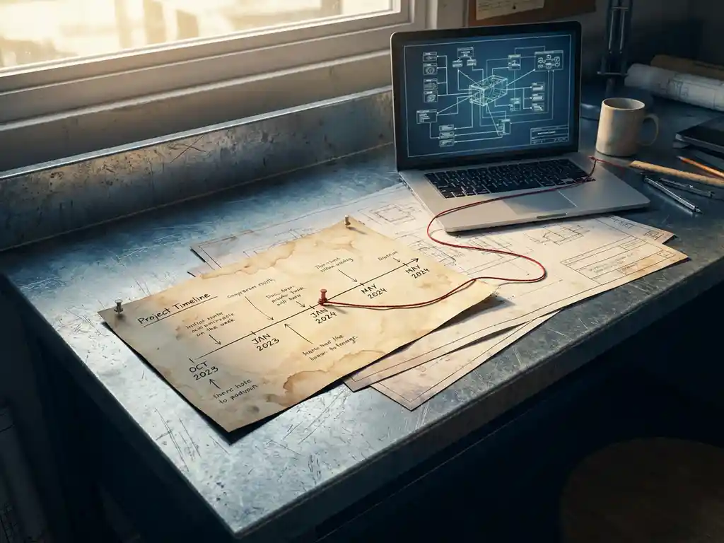 Verouderd projecttijdlijn op stalen bureau met technische tekeningen, laptop met systeemdiagram en rode draad die modelknooppunten verbindt.