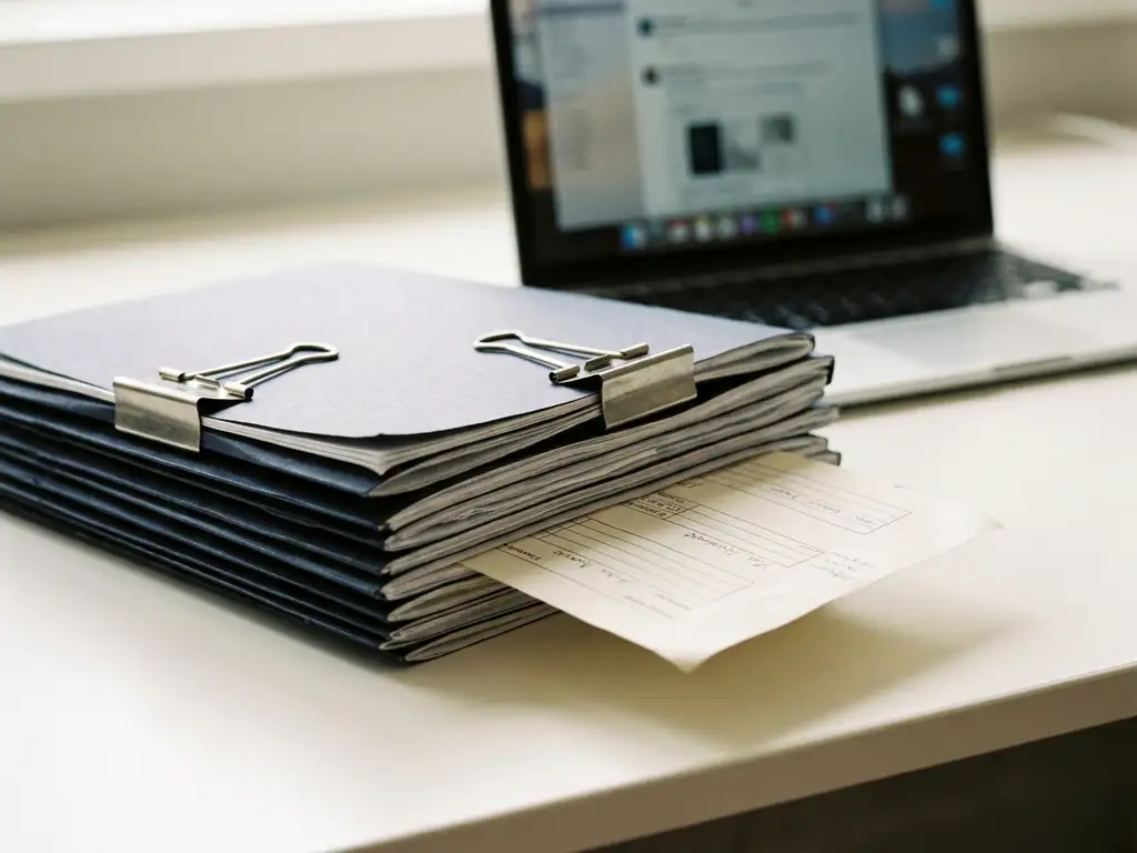 Stapel projectvereistendocumenten met stalen bindclip op modern bureau, één losgeschoten pagina suggereert wijziging, laptop op achtergrond.