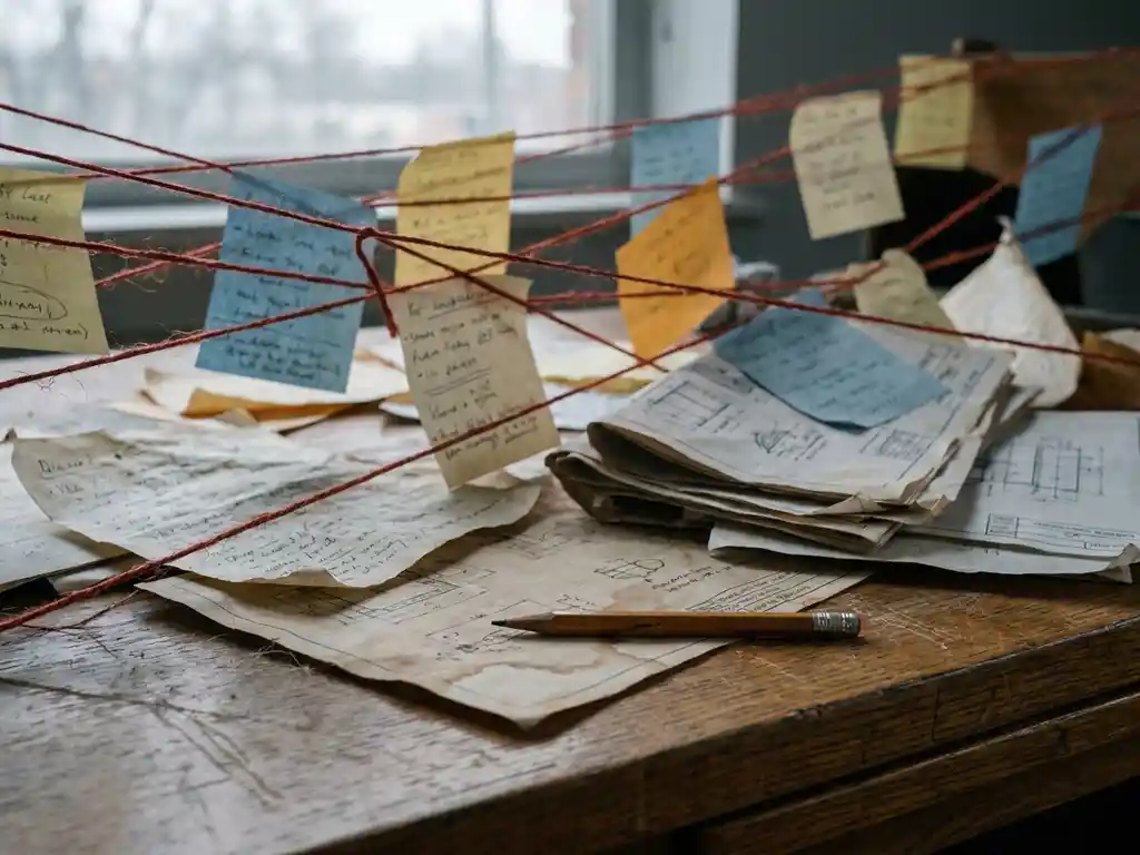 Verfrommeld papierwerk en sticky notes verbonden met rood touw op een eikenhouten bureau, met een geknapte potlood en technische schetsen.