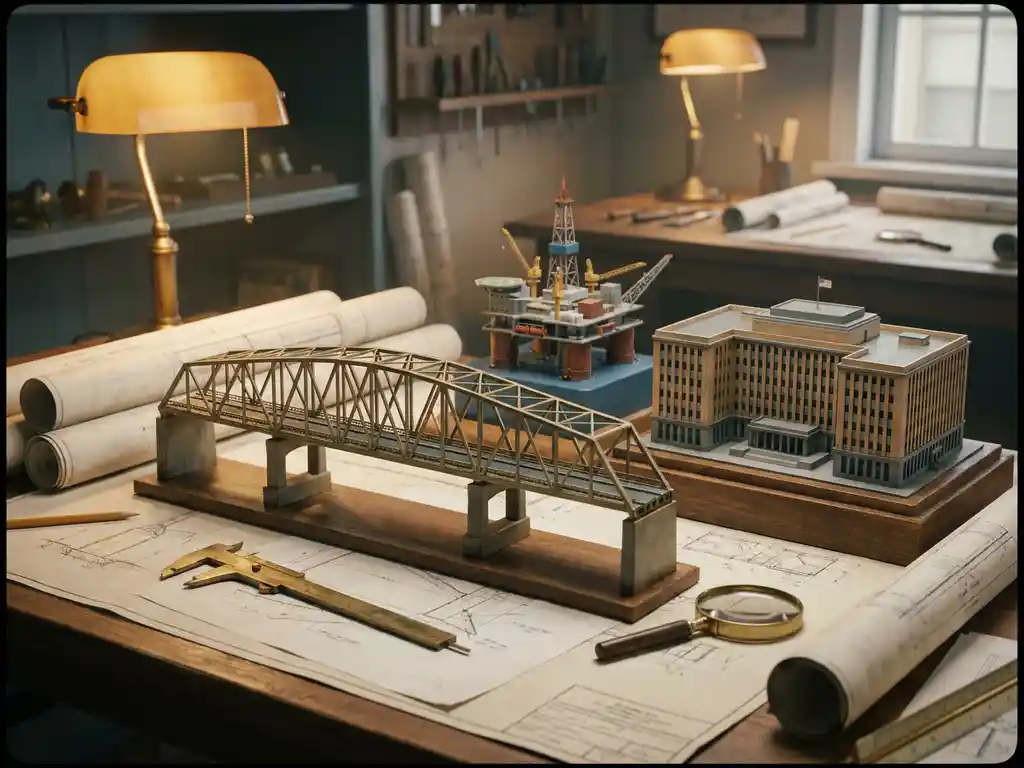 Schaalmodellen van een brug, offshore platform en overheidsgebouw op een technische werktafel met bouwtekeningen en meetgereedschap.