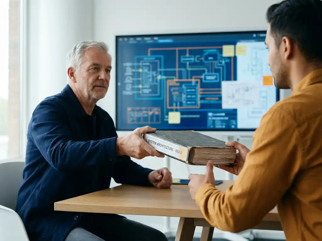 Senior ingenieur overhandigt dik projectbinder aan jongere collega, met systeemdiagrammen op monitor en technische tekeningen op bureau.