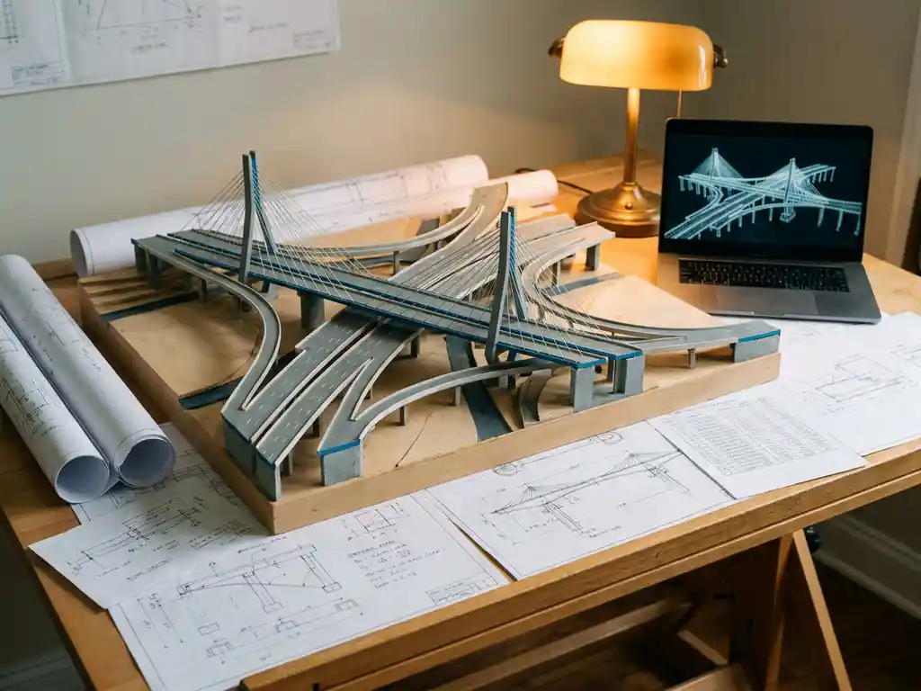 Architectuurmaquette van een snelwegknooppunt en brugconstructie op een tekentafel, omringd door technische tekeningen en een laptop met 3D-infrastructuurmodel.