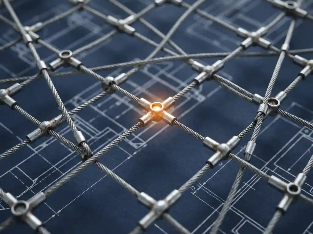 Dicht netwerk van stalen kabels en knooppunten met een gloeiend centraal verbindingspunt boven een technische blauwdruk.