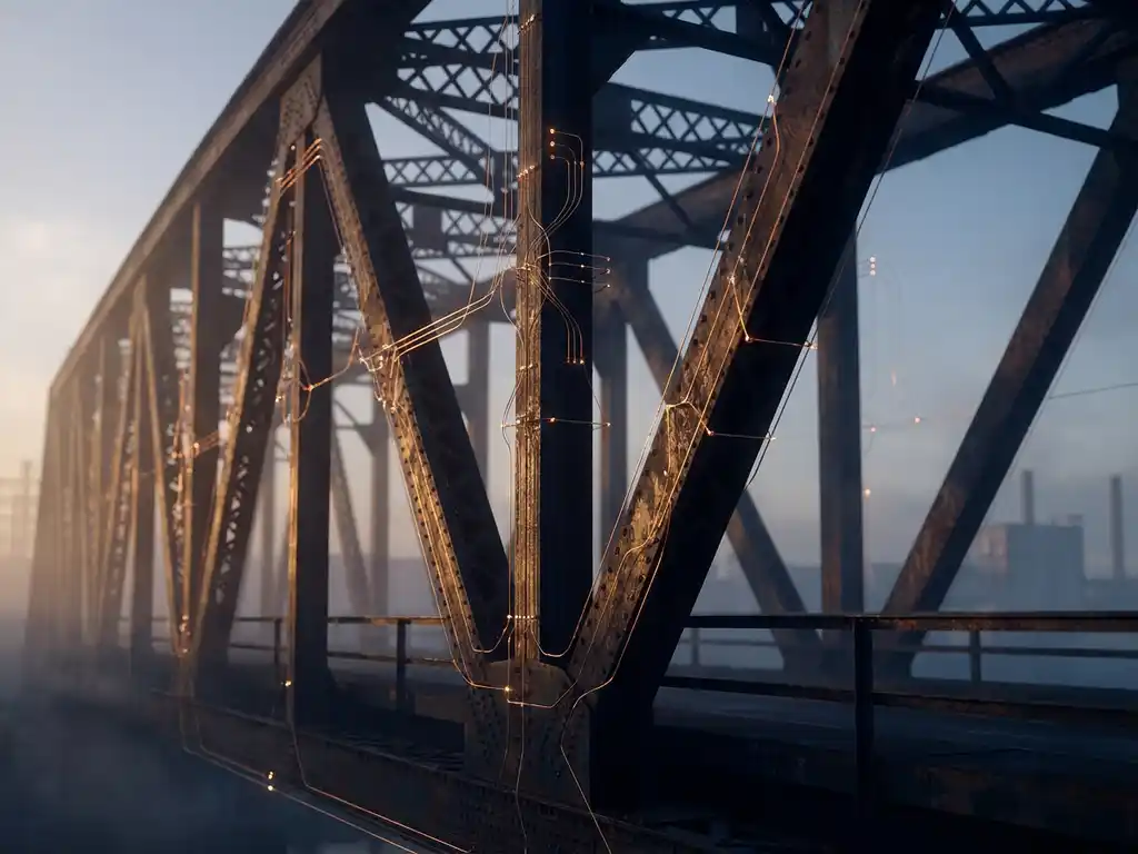 Stalen brug met gloeiend semantisch netwerk van koperen dataverbindingen in mistig ochtendlicht, laag dramatisch camerastandpunt.