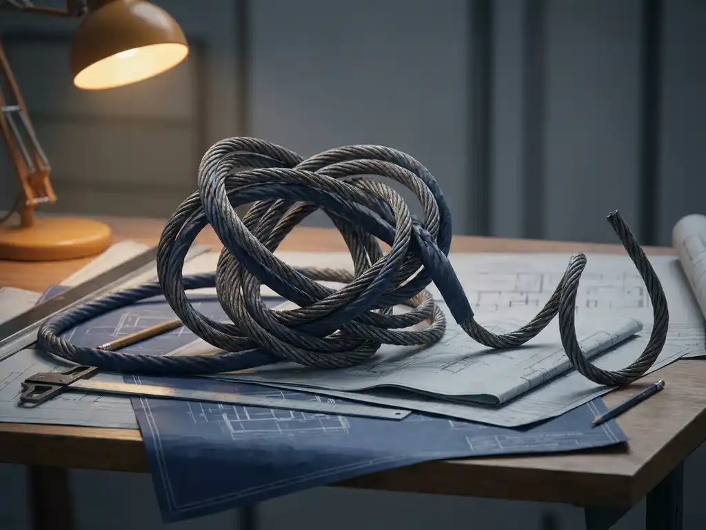 Verstrengelde stalen kabels geknoopt in het midden op een tekentafel met technische schetsen, één kabel die zich uitstrekt naar de rand.