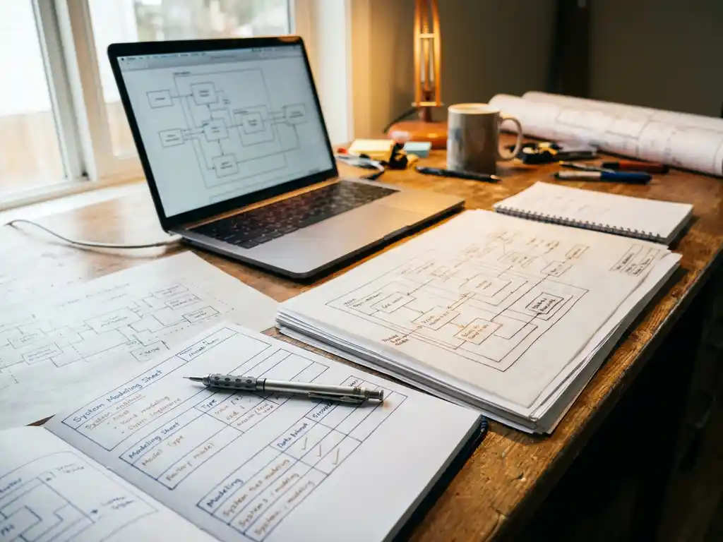 Technisch werkstation met systeemarchitectuurdiagrammen, laptop met blokschema's en mechanisch potlood in marineblauw-amberkleurige omgeving.