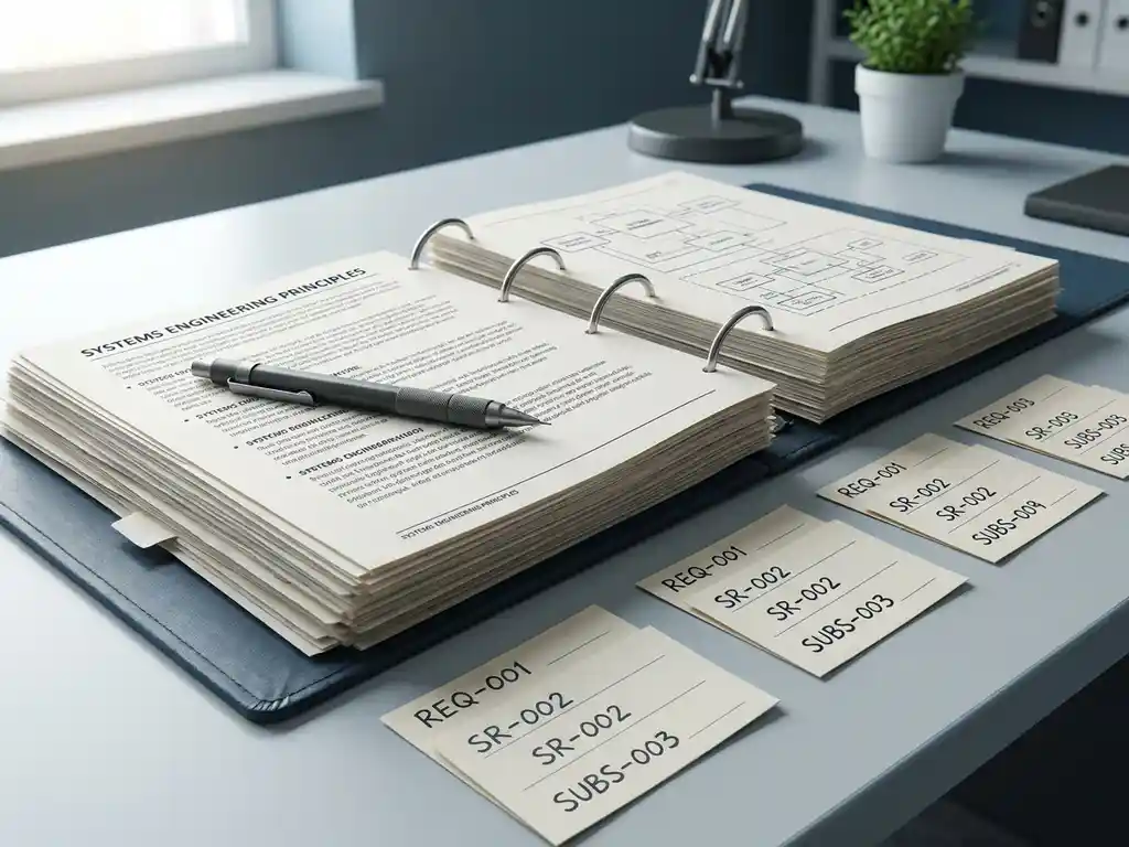 Opengeslagen systems engineering-ordner op een modern bureau, omringd door hiërarchisch gerangschikte vereistenkaarten en een mechanisch potlood.
