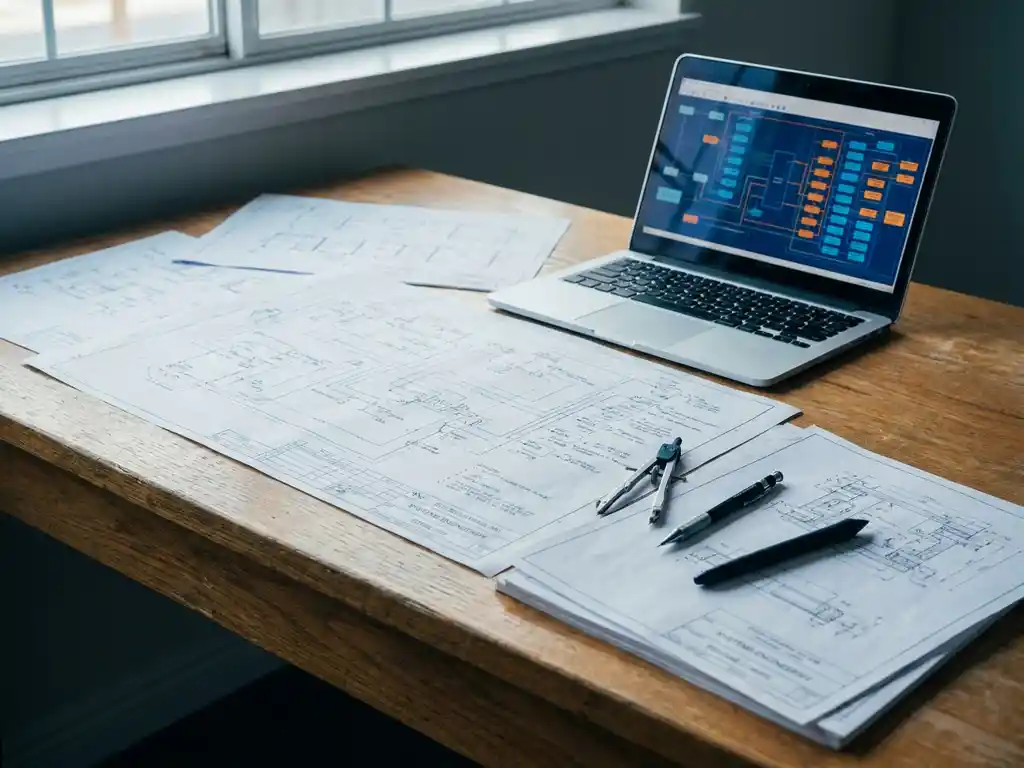 Systeemtechnische blauwdruk op eikenhouten bureau met laptop, precisie-tekenwerktuigen en geannoteerde technische tekeningen in zacht natuurlijk licht.