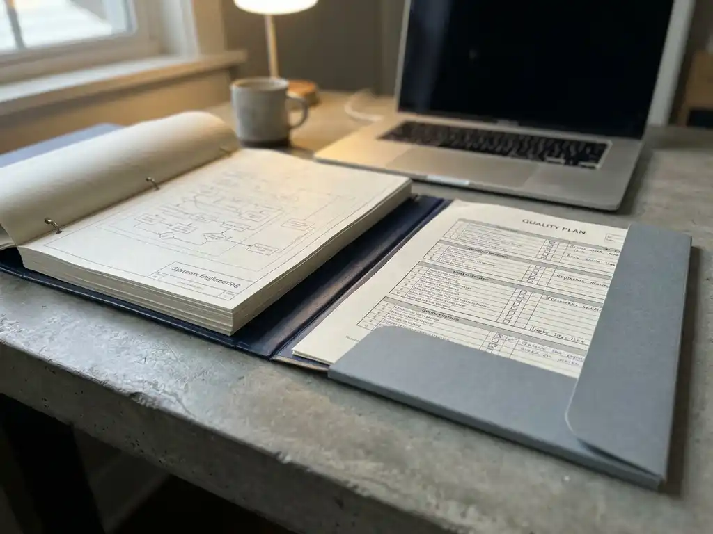 Open systeemtechniek-ringband en kwaliteitsplan met technische diagrammen en checklists op een betonnen bureau, laptop op de achtergrond.