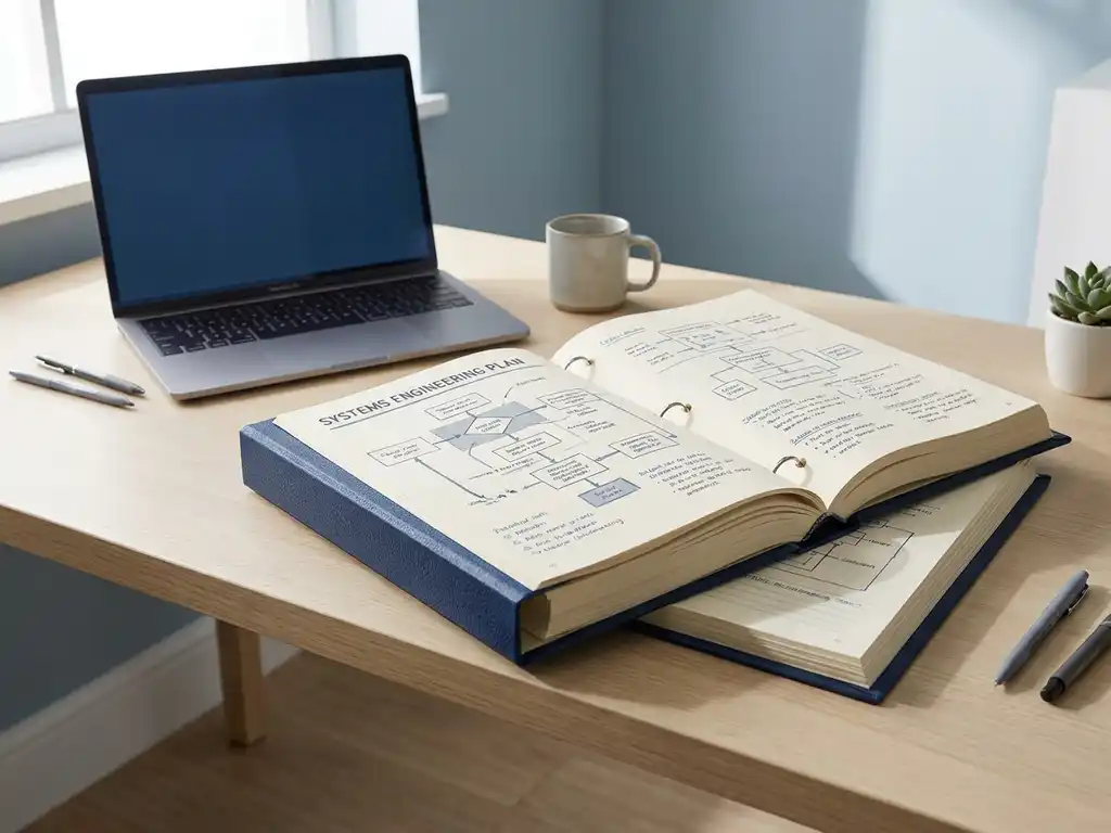 Open systeemtechniek-binder met technische diagrammen en flowcharts op modern bureau, laptop op achtergrond, natuurlijk raamlicht.