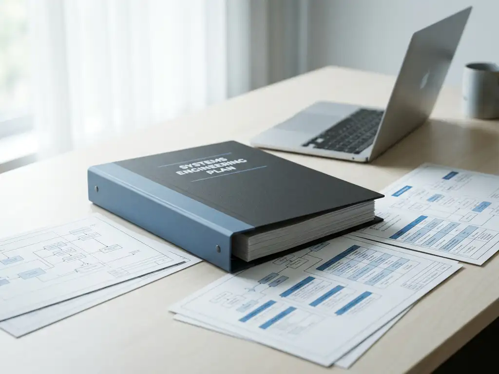 Open systeemtechniek-binder met technische tekeningen en datadiagrammen op modern bureau, laptop zichtbaar op achtergrond.