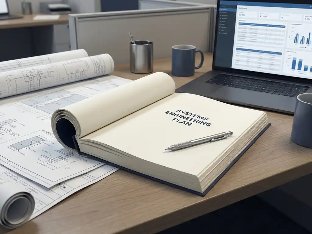 Dik systeemtechnisch plandocument op modern bureau met technische tekeningen, laptop en mechanisch potlood, in marineblauw en warmwit.