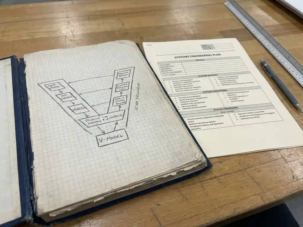 Versleten technisch notitieboek met handgetekend V-model diagram naast een systeemtechnisch plandocument op een tekentafel.