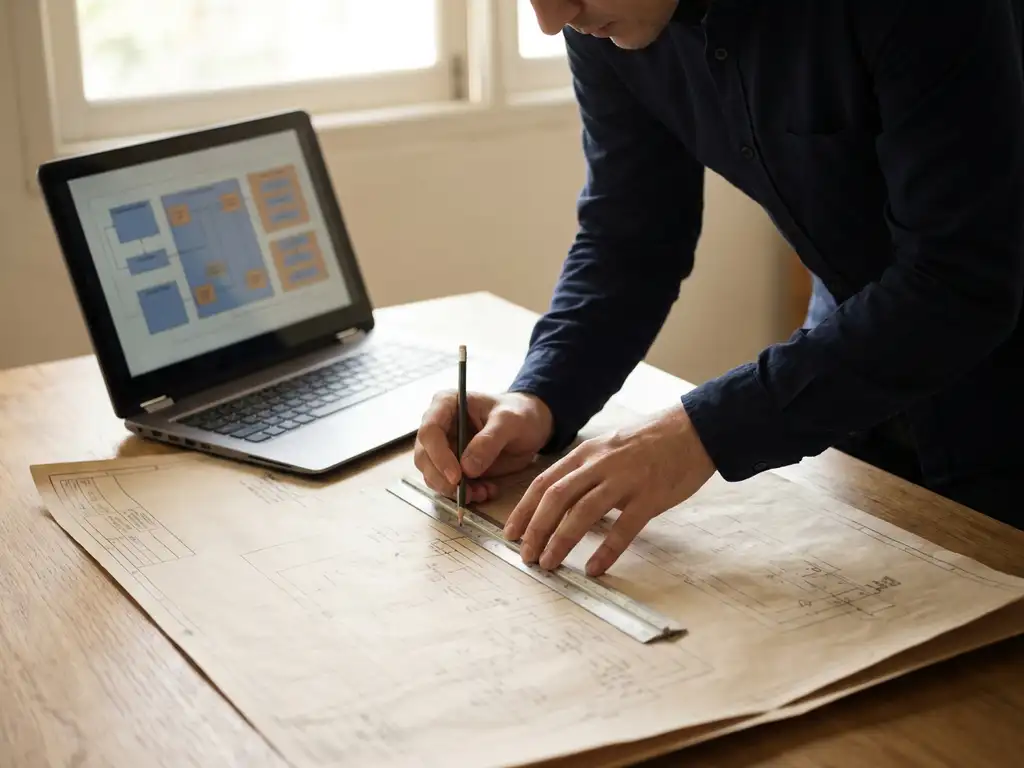 Systeemingenieur die met een liniaal vereistelijnen traceert op een technische tekening, laptop met diagrammen op modern bureau.