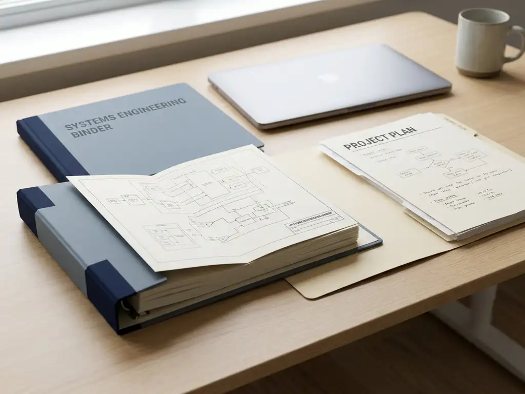 Dikke systems engineering map en slanke projectplanmap open naast elkaar op modern bureau, met technische schema's en gestructureerde diagrammen zichtbaar.
