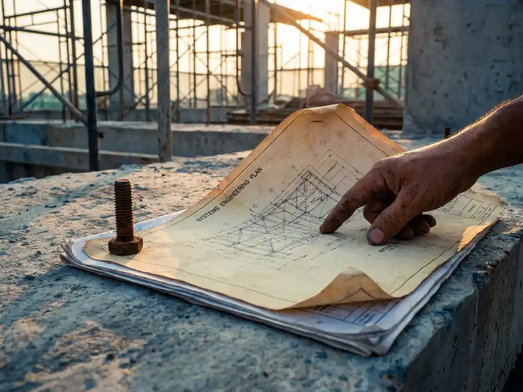 Verweerde systeemtechnische bouwtekening op betonnen ondergrond, hand traceert structuurdiagram, staalsteigers op achtergrond.