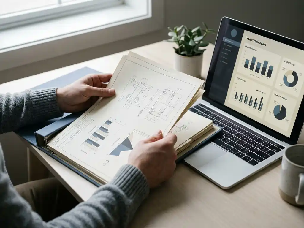 Ingenieur ordent systeemtechnische documenten in een map op modern bureau, met laptop waarop projectdashboard zichtbaar is.