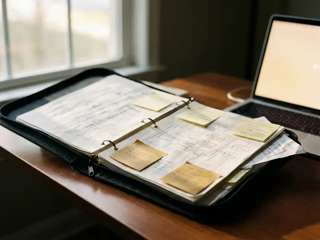 Verouderd systems engineering-ringband open op modern bureau, met stroomdiagrammen en handgeschreven plaknotities, laptop op achtergrond.