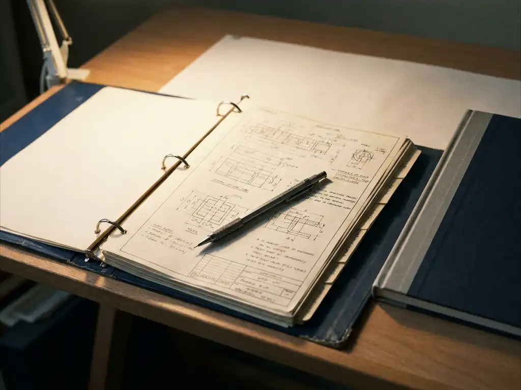 Open technische map en specificatiedocument op tekentafel met mechanisch potlood, verlicht door bureaulamp.