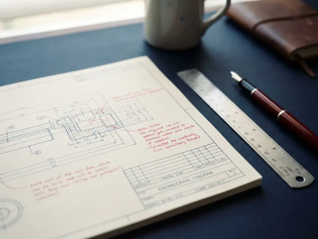 Technisch document met handgeschreven annotaties, metalen liniaal en rode pen op modern bureau.