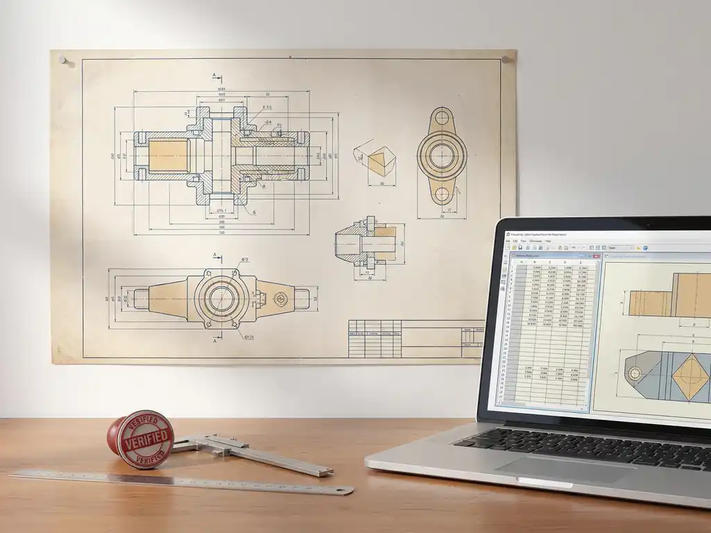 Technische systeemdiagram op groot papier met meetgereedschap, rood verificatiestempel en laptop met datamodellen op witte ondergrond.