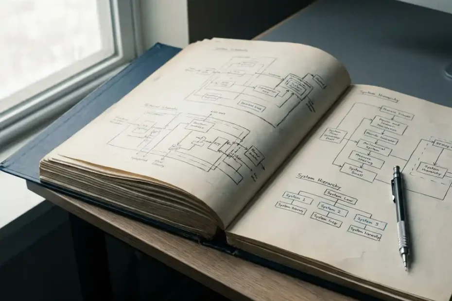 Open technische map met systeemhiërarchie-diagrammen op modern bureau naast mechanisch potlood, zacht natuurlijk zijlicht.