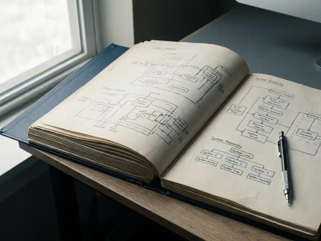 Open technische map met systeemhiërarchie-diagrammen op modern bureau naast mechanisch potlood, zacht natuurlijk zijlicht.