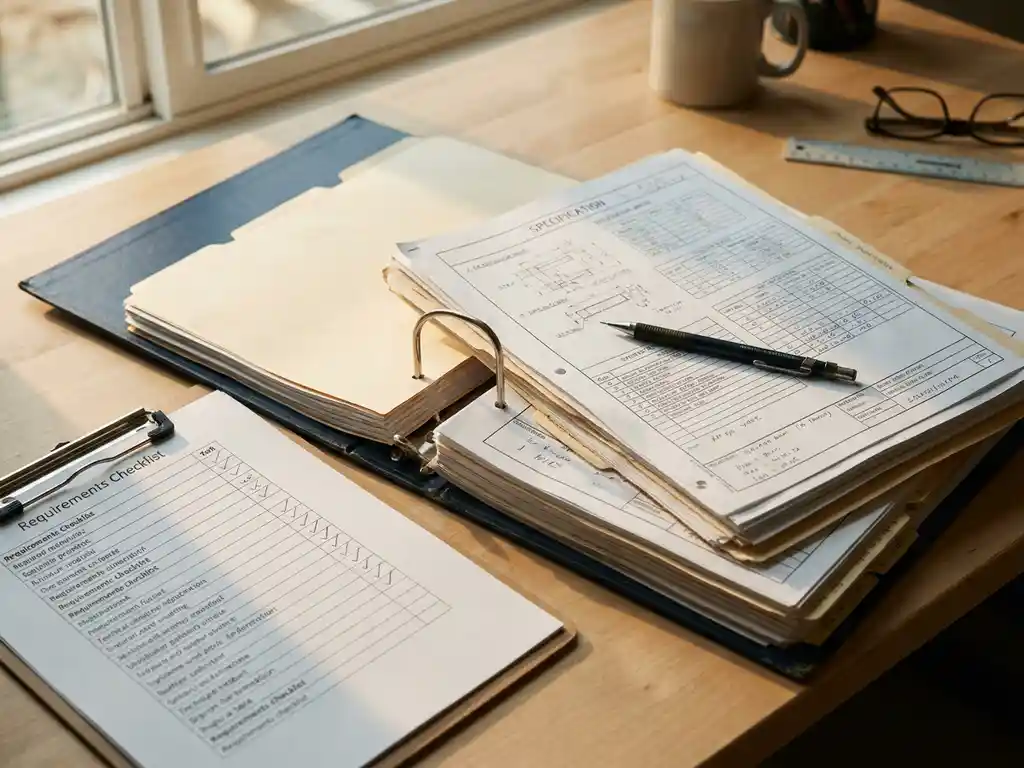 Open technische specificatiemap naast een vereistenchecklist op een engineersbureau, met een mechanisch potlood en warm middaglicht.