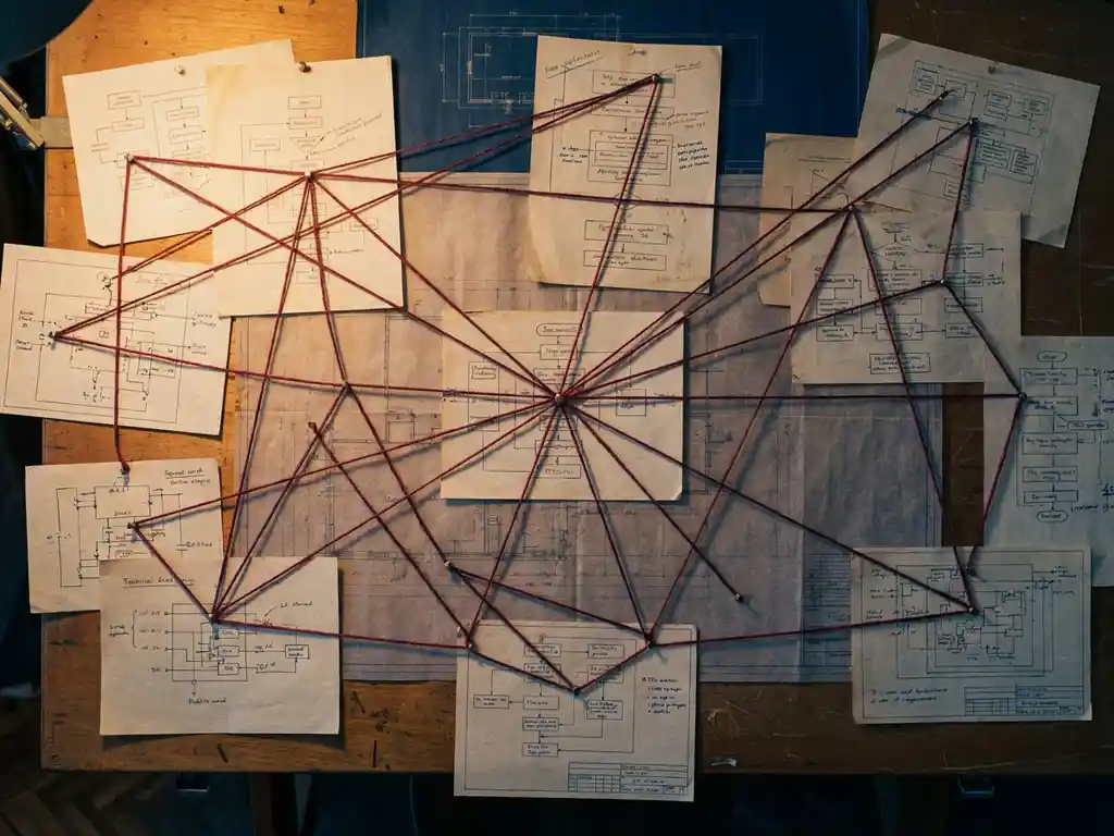 Netwerk van rode draden en zilveren pinnen die technische documenten op een tekentafel verbinden, met blauwdruk op de achtergrond.