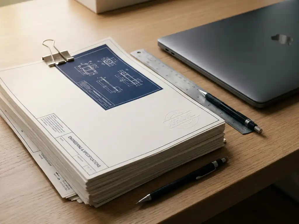 Stapel technische documenten vastgehouden met een binderclip op een bureau naast een laptop, liniaal en mechanisch potlood.