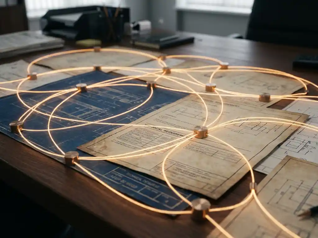 Gloeiend amber netwerk verbindt technische documenten en blauwdrukken op donker bureau, met metalen knooppunten en diepblauwe tinten.