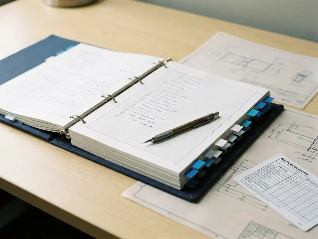 Technische ordner met kleurgecodeerde tabbladen, rasterpapier checklist en verificatiematrix op kantoorbureau.