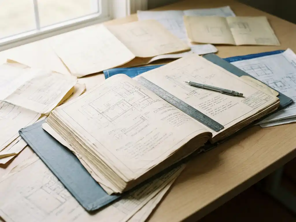 Open technische map op bureau met gelaagde bouwtekeningen, liniaal en mechanisch potlood, verlicht door natuurlijk raamlicht.