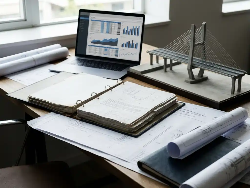 Open technische map op bureau met civiele infrastructuurtekeningen, brugschaalmodel en laptop met datadiagrammen in natuurlijk licht.