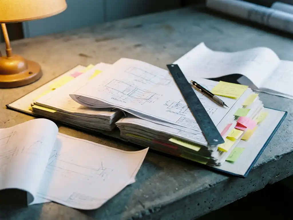 Dikke technische map met kleurgecodeerde tekeningen en plakbriefjes open op een betonnen bureau, verlicht door amberkleurig lamplicht.