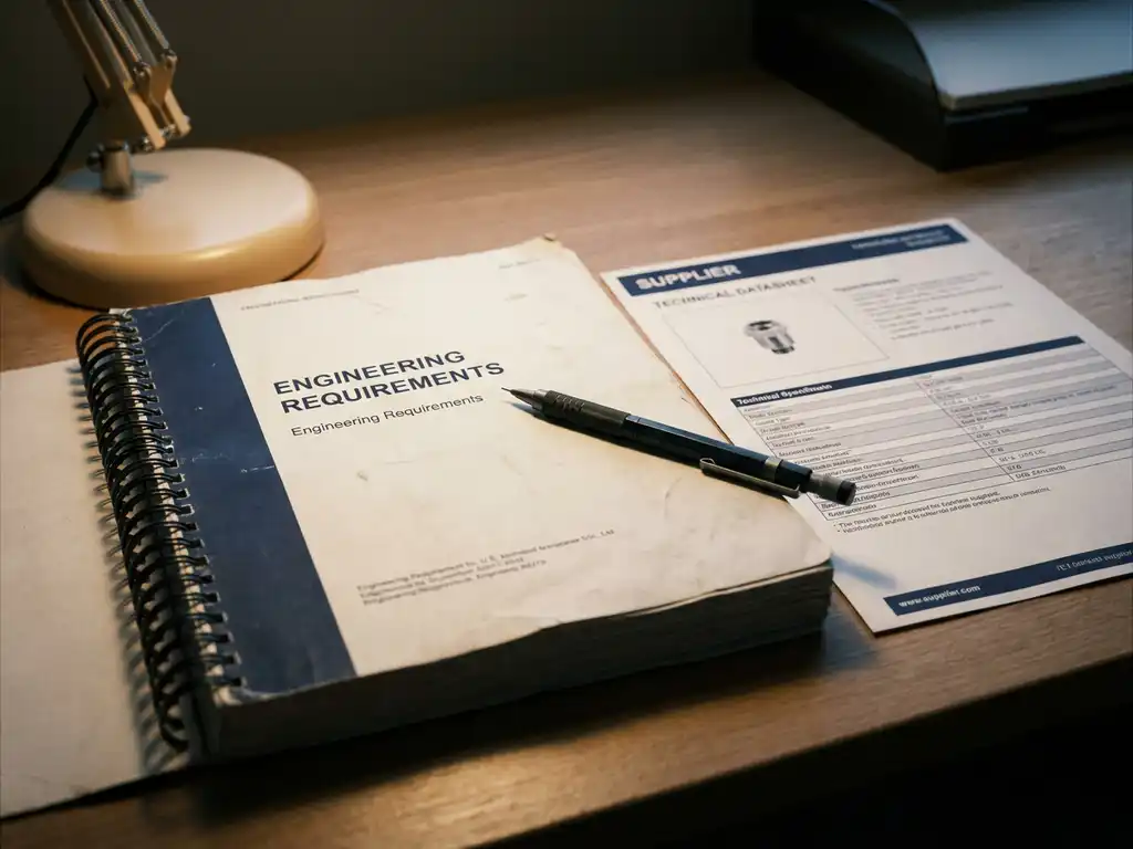 Technisch vereistendocument naast leveranciersdatasheet op bureau, overbrugd door een mechanisch potlood, zacht bureaulamplight.