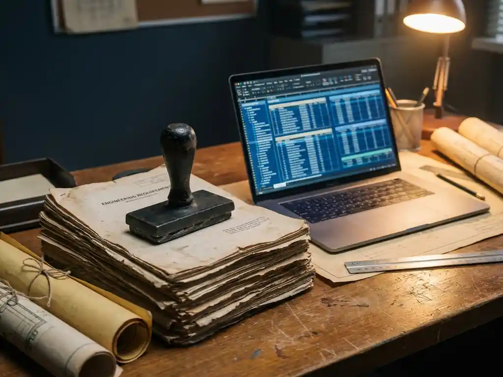 Stapel technische eisendocumenten onder metalen stempel op projectbureau, met laptop met datatabellen en blauwdrukrollen ernaast.