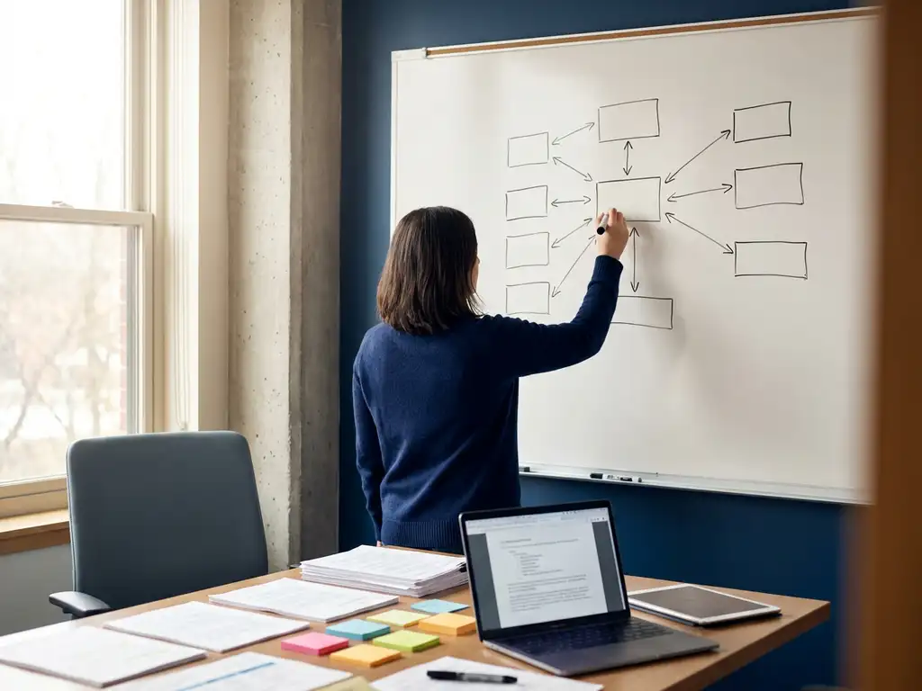 Systeemengineer tekent use case diagram op whiteboard, met sticky notes en vereistendocumenten op bureau in zacht natuurlijk licht.