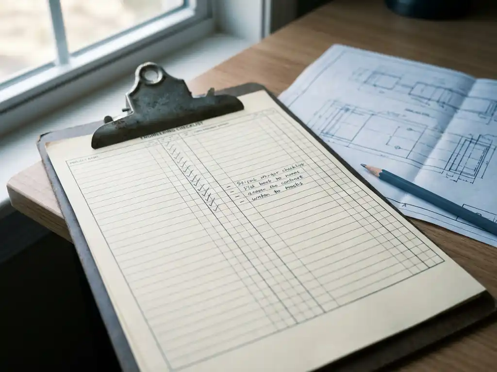 Vereistenchecklist op klembord naast technische tekening en potlood op projectbureau, verlicht door natuurlijk raamlicht.