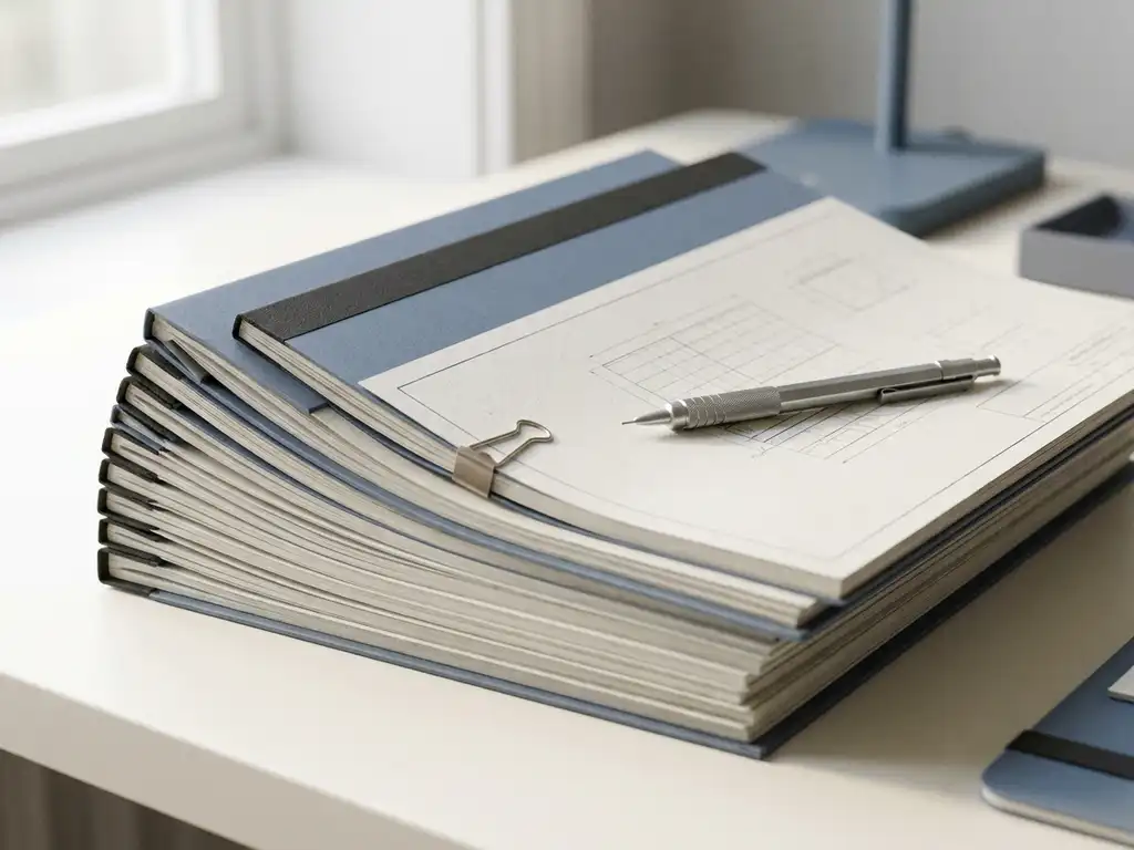 Stapel technische vereistendocumenten op een modern bureau met een mechanisch potlood, gefotografeerd in zacht natuurlijk licht.