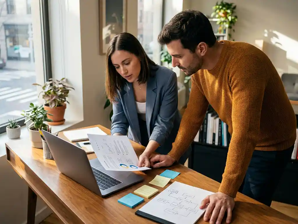 Twee collega's bespreken een requirementsdocument op een houten bureau met laptop, sticky notes en flowchart in modern kantoor met natuurlijk licht.