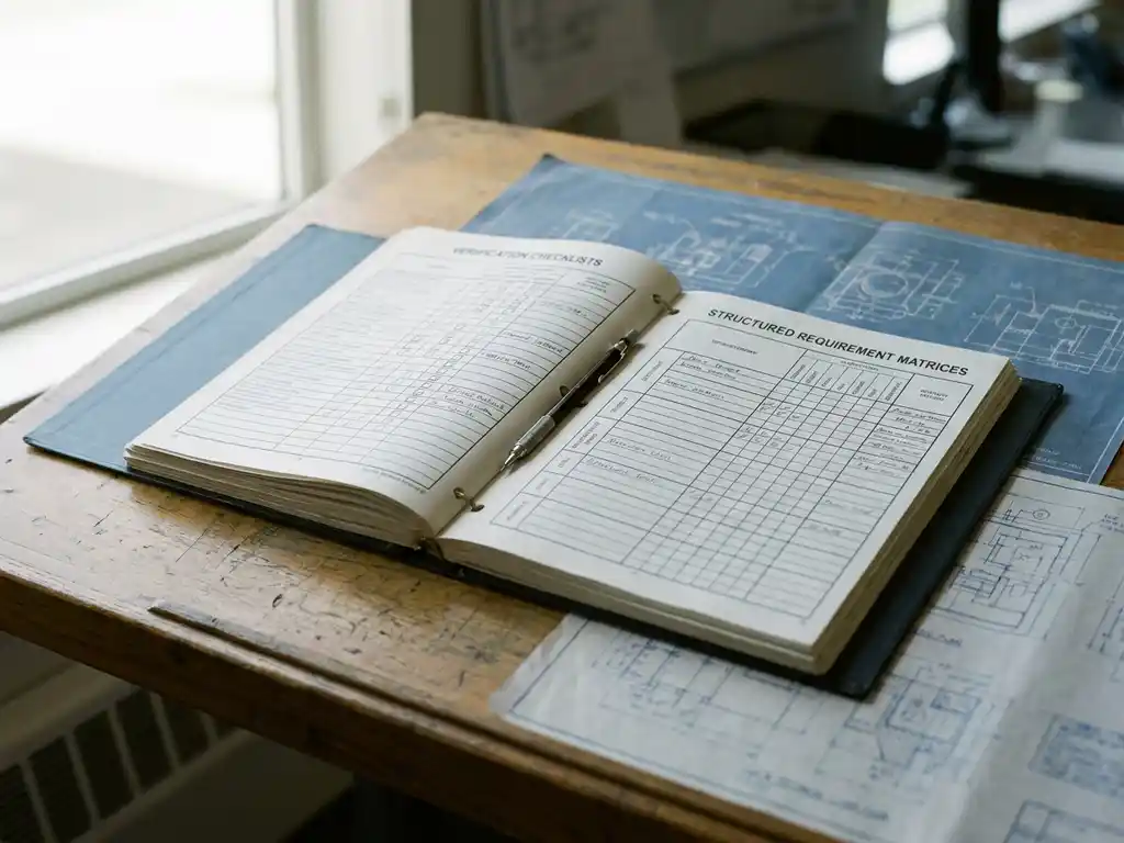 Open technische map met verificatiechecklists en vereistenmatrices op een tekentafel, mechanisch potlood op de rug, blauwdrukken eronder.