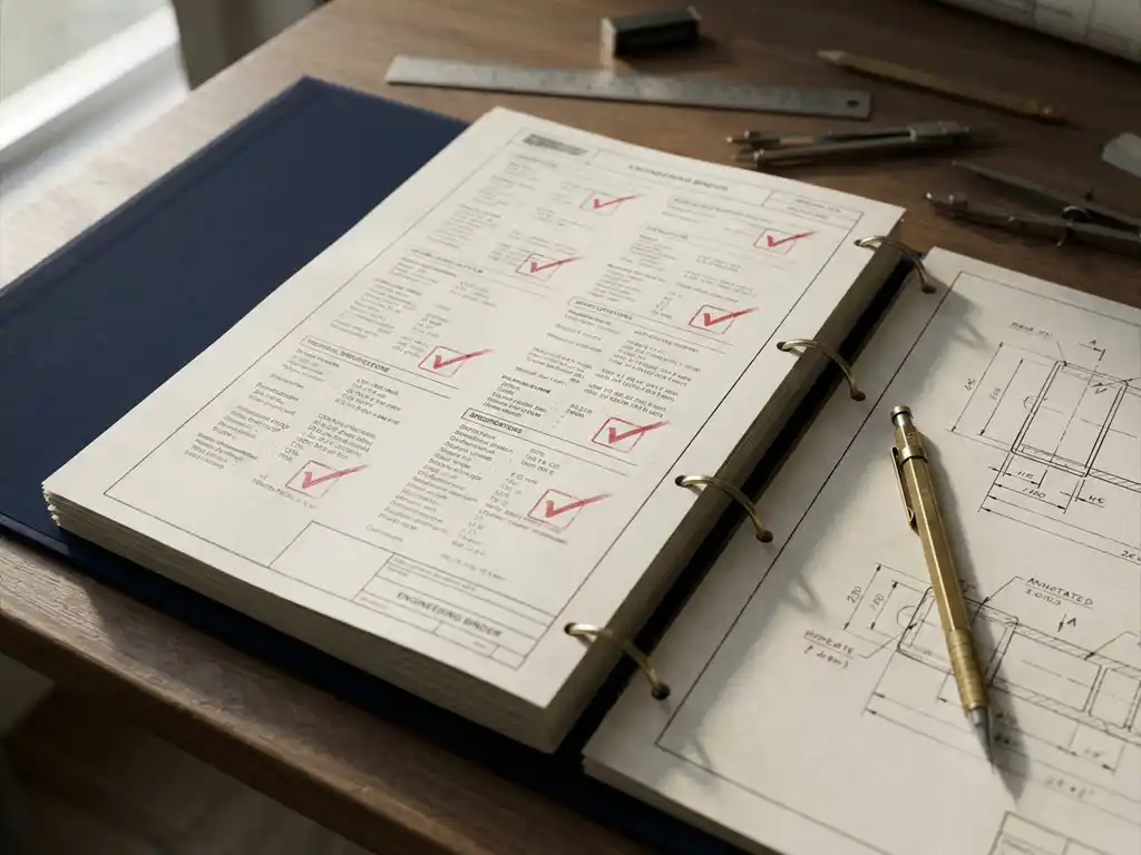 Open technische map met rood gestempelde verificatievinkjes op vereistenbladen, mechanische pen naast tekeningen op bureau.