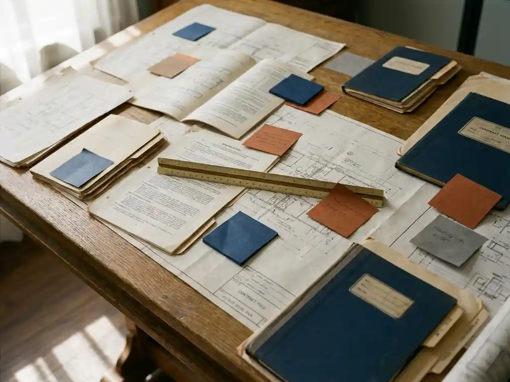 Eiken projecttafel met technische tekeningen, specificatiedocumenten, gekleurde sticky notes en een architectenlineaal in zacht natuurlijk licht.
