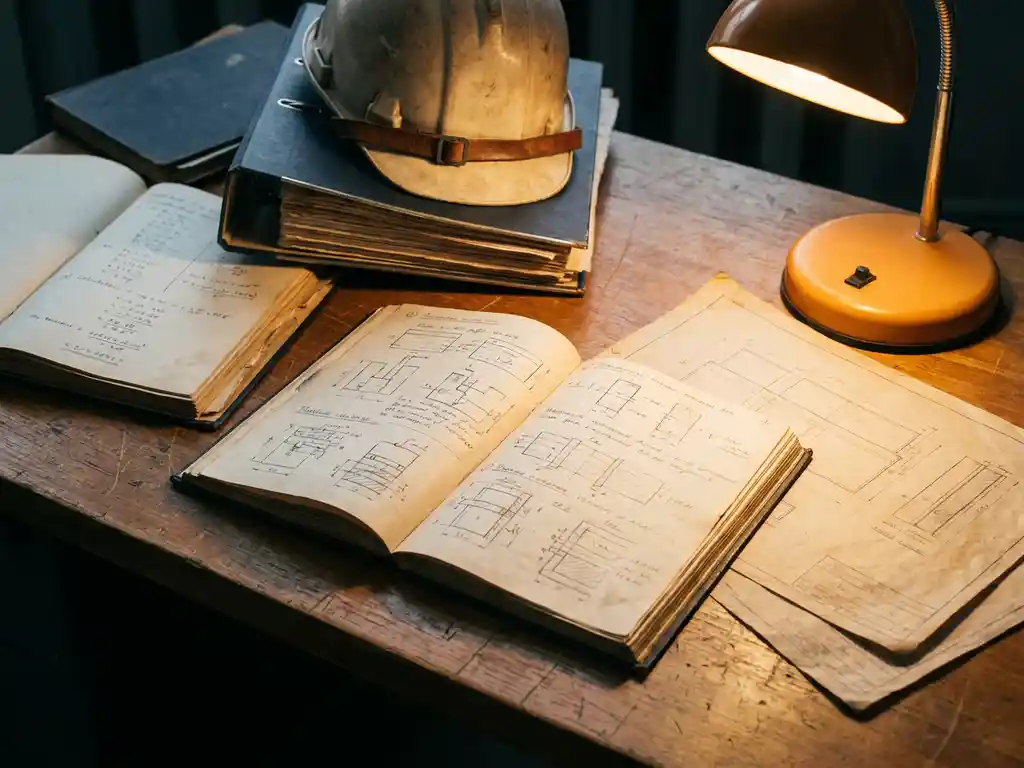 Verweerde ingenieursdesk met open technisch notitieboek vol handgeschreven systeemdiagrammen, gele bouwhelm en blauwdrukken in warm amberkleurig licht.