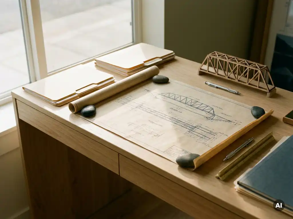 Technische bouwtekening opengeslagen op modern bureau met projectdocumenten, mechanisch potlood en architectuurmaquette in warm amberkleurig licht.